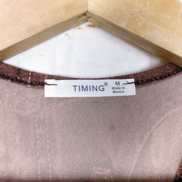 Y2K Bodysuit Women M Brown Jean Pocket Trompe Loeil Mesh Sheer Ruched V-neck VTG - Picture 10 of 15